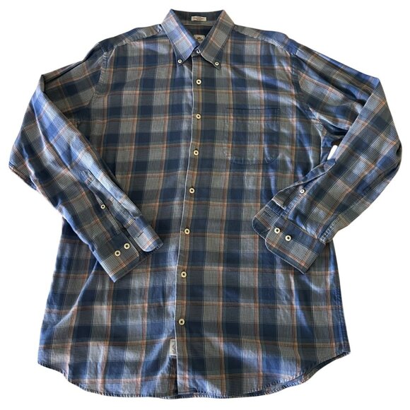 Peter Millar Mens Blue/Brown Plaid Button-Down Shirt Large Long Sleeve - Picture 1 of 5
